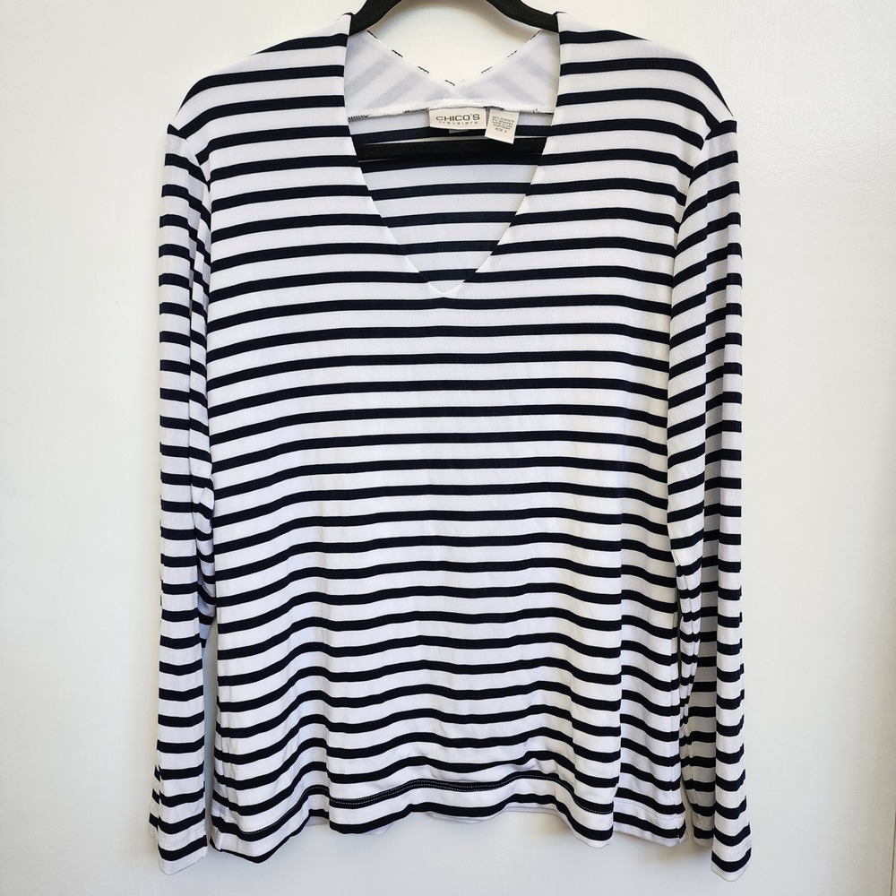 Chicos Travelers Navy Blue White Striped V-Neck Long Sleeve Top Size 2 L Large